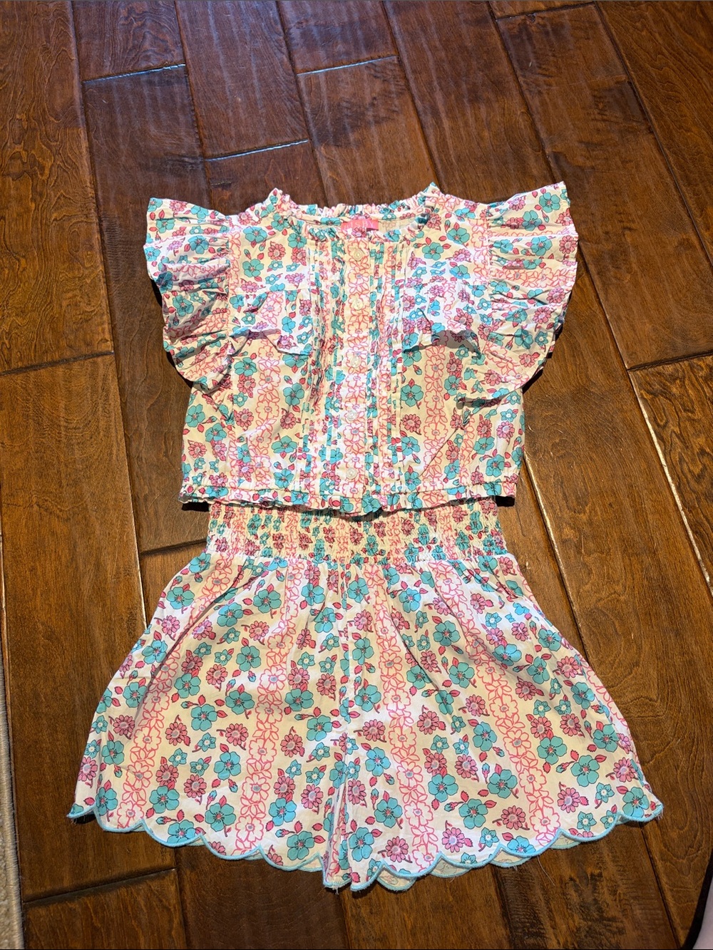 Girls Floral Ruffle Two-Piece Set - Pink & Teal
